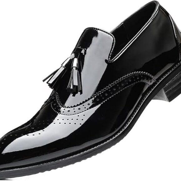 Santimon Men's US 8, 12 Black Patent Leather Wingtip Tassel Loafers Dress Shoes - Picture 1 of 12